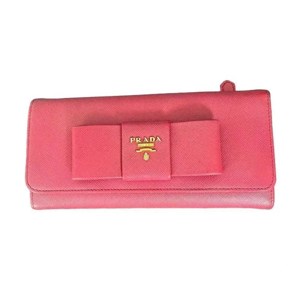 Prada Women's Pink Saffiano Leather Bow Wallet - Picture 1 of 7